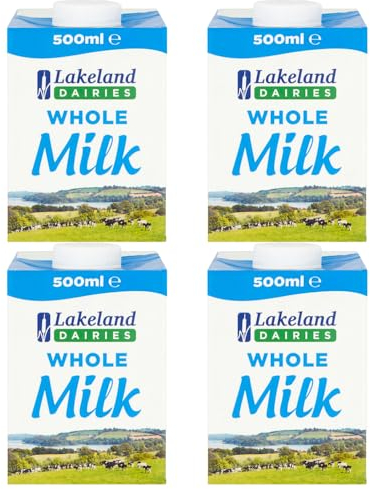 Lakeland UHT Whole Milk 500ml Pack of 4 Full Fat 3.5% Long Shelf Life Calcium Dairy Drink Screw Top Multipack Catering Hospitality Office Pantry with Welari Thank You Card | (4pack) (2000ml)