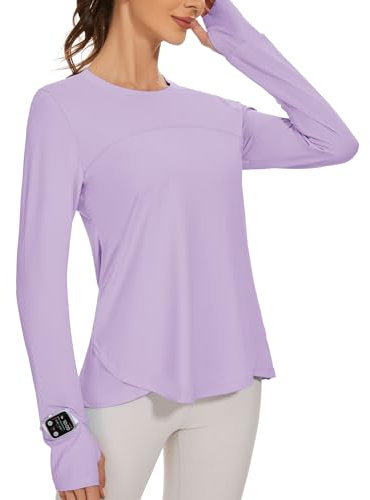 IECCP Damen Langarmshirt Sport Oberteil für Damen Tshirt Rundhals Laufen Laufshirt leicht Sommer Fitness Langarmshirts Damen UPF 50+ UV Sonnenschutz Lila M