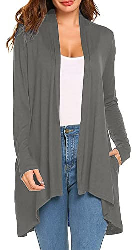 Mymyguoe Bolero cardigan da donna sottile cardigan da donna giacca estiva con parte anteriore aperta e tasche spolverino elegante maglia giacca oversize cappotto a maniche lunghe cardigan, grigio., XL