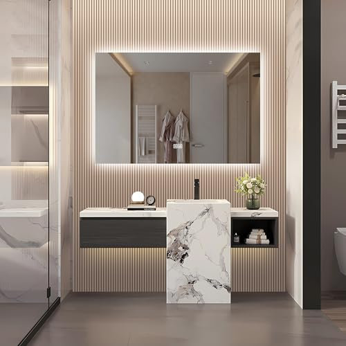KeepGoon Badezimmerspiegel mit beleuchteter,80x120 cm,Defog-Funktion,dreistufige Helligkeitseinstellung rechteckig Badezimmerspiegel,ohne Rahmen,kein Schleifen,Bathroom Mirror