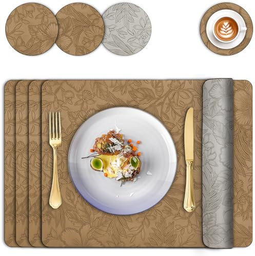Placemats and Coasters Set of 4, Dual Sided Two-Tone Leather Place Mats 43x30 cm, Washable Non-slip Heat Resistant,Wipe Clean Floral Kitchen Table Mats for Home Indoor Outdoor Dining Table(Brown Grey)