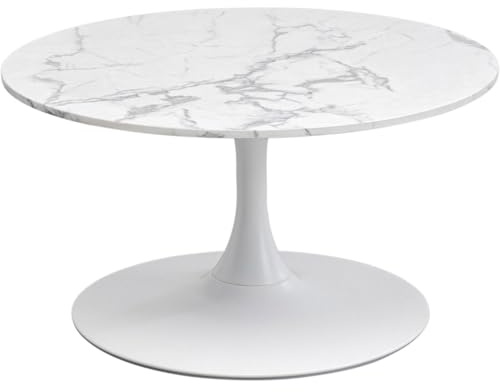 Kare Design Schickeria Table Basse en marbre Blanc, 80 cm de diamètre, Table d'appoint, Table de Salon, Aspect marbre, Structure en Acier, Ronde, rétro
