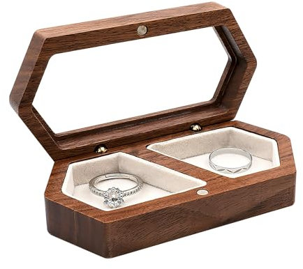 Walnuss Holz Ring Box, Ringbox Hochzeit Ringschatulle Ringschatulle Hochzeit Ring Box Wedding RingkäStchen für Hochzeit Samt Soft Interieur Halterung für Hochzeit Verlobung Heiratsantrag (Weiß)