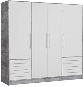 möbelando Drehtürenschrank >Jupiter< 4 Türen, 6 Schübe, Betonoptik/Weiss - 206,5x200x60 (BxHxT)