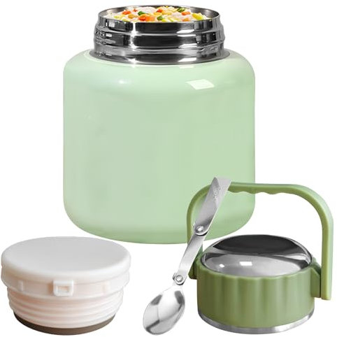 HahaGo Thermobehälter für Essen 900ml,Thermoschüssel mit Deckel, Warmhaltebehälter Essen Edelstahl mit Löffel, auslaufsicherer Lunchbehälter, Thermo Lunchbox für Suppen, Babybrei, Porridge, Grün