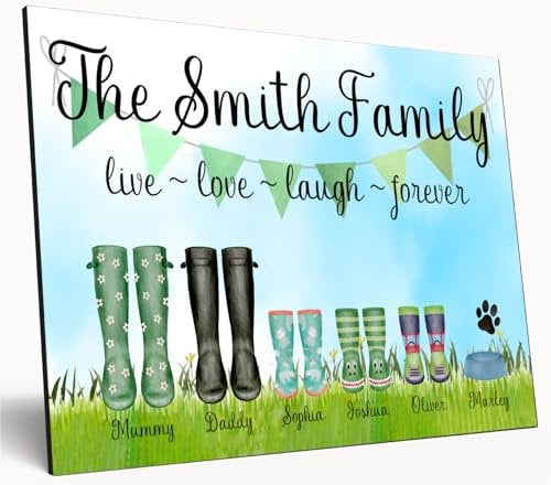 Personalised Family Welly Boot Sign Custom Wooden A4 Plaque Cute Watercolor Wall Art with Pets Kids Names (6 Boots)