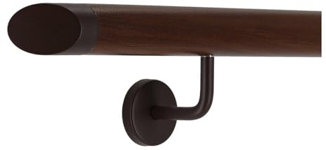 TIBU Corrimano in alluminio noce, decorazione in legno, 30-600 cm, corrimano da parete per scale, supporto in acciaio inox, lunghezza 180 cm, con 2 supporti e terminale obliquo