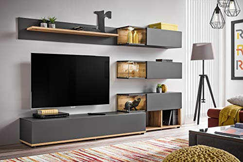 Generisch Wohnwand SIL-AW mit LED-Beleuchtung, 240 x 150 x 40 cm, Push-to-Open, Anthrazit/Wotan Eiche