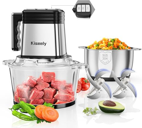 Hachoir électrique 2L, Robot culinaire à 3 vitesses avec 2 bols et 2 jeux de lames à deux niveaux, hachoir à viande et légumes 400W pour viande, légumes, fruits et noix (CW1)