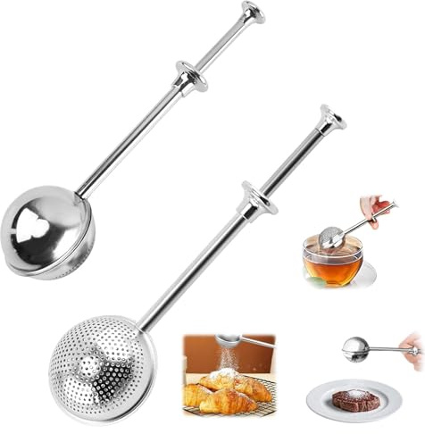 GUOYOU 2 Pack Powdered Sugar Shaker Duster with Spring Operated Handle | Flour Sifter, Stainless Steel Small Strainer, Fine Flour Duster, for Baking, Sifting Sugar, Flour, Spices and Tea Strainers