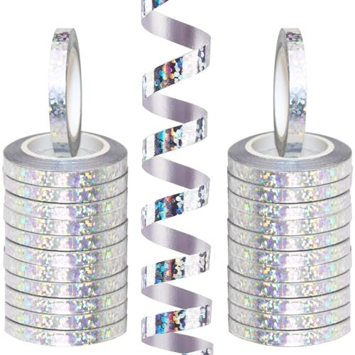 waziwe 240 Meter Langen Luftschlangen Geburtstag, 24 Funkelnd Luftschlangen silber, Perfekt für Hochzeit Deko, Geburtstags Deko, Silvester Deko, Geschenkband, ballonband(silber)