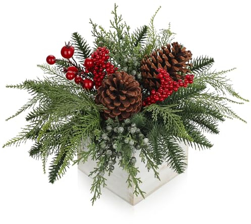 Oairse Weihnachtstischdekoration in Holzvase mit Tannenzapfen, roten Beeren | Tabletop Weihnachtsbaum Kunstpflanze für Weihnachtsdekoration Wohnkultur Küche Esstisch, Dekopflanze Zimmerpflanze Tischdeko