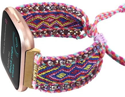 CHARMINGO Bracelet tressé bohème compatible avec Fitbit Versa 4/Versa 3/Sense/Sense 2 pour femme, bracelet tissé à la main pour montre intelligente Fitbit, Nylon, Pas de gemme