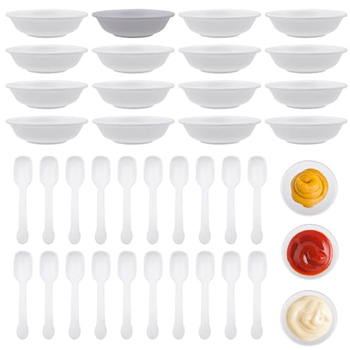 OMJMYY Dip Schälchen 16 Stück mit 20 Löffeln, Weiß, Rund, 7,2 cm | Kunststoff, Sojasauce Schälchen, Stapelbar, Kleine Schälchen Für Dips, Sushi, Dessert, Obst, Nüsse, Snack, Gewürzschale