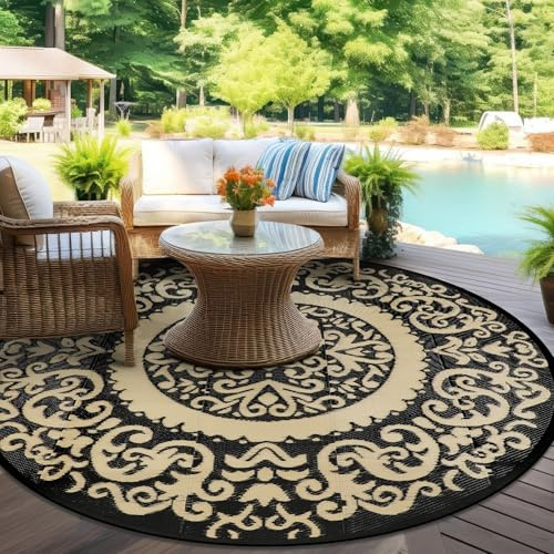 IMIYOKU Round Outdoor Rug 180cm Waterproof Patio Mat, Reversible Plastic Straw Weave Outdoor Rug for RV Camping Picnic Beach Balcony (Black/Brown)
