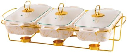 Scaldavivande con manici, scaldavivande a tre scomparti, in ceramica, per feste, campeggio, ristoranti, marmo bianco