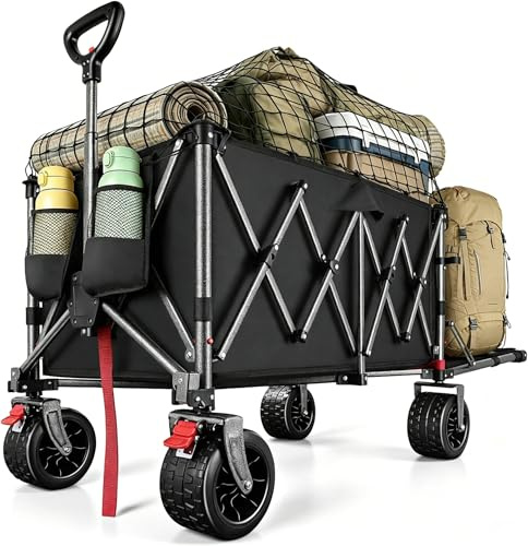 370L Festival Trolley on Wheels, Heavy Duty Folding Wagon, Portable Camping Cart Load up 550LB, Camping Trolley Foldable for Beach Outdoor Garden Shopping Fishing, Rear-Opening Design, Black