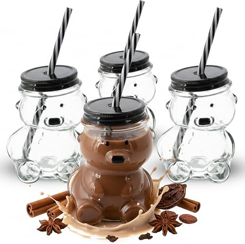 Novaliv 4x Tassen Glühwein 300 ml Personalisierte Weihnachtstasse mit Trinkhalm - Bär als Glühweinbecher - Bärchen Motiv Tasse Tannenbaum Weihnachtstassen Handwärmer mugs