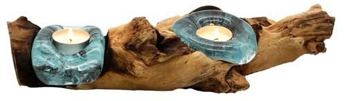 Teelichthalter Glas und Holz, Tisch Deko Wurzelholz aus Teakholz Stamm Holzschale - 2er für Zwei Teelichter