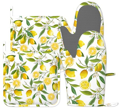 Lemon Fruits Oven Gloves, 4pcs Oven Mitts & Pot Holders Heat Resistant and Non-Slip Silicone Gloves for Cooking, Baking, BBQ, Kitchen Decor Gift