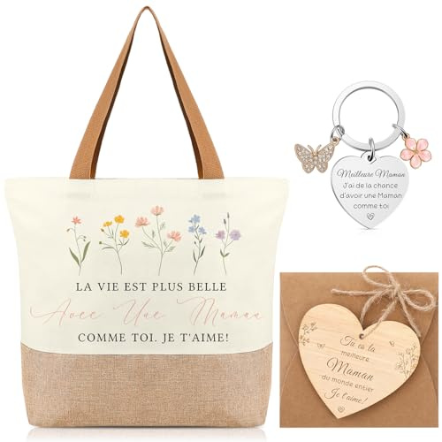 Photect Cadeau pour Maman Sac Cabas Porte-Clés Plaque Cœur en Bois | Sac en Jute, Porte-Clés, Avec Pendentifs Pétales et Papillons, Plaque Cœur en Bois, Enveloppe, Pour Fête des Mères
