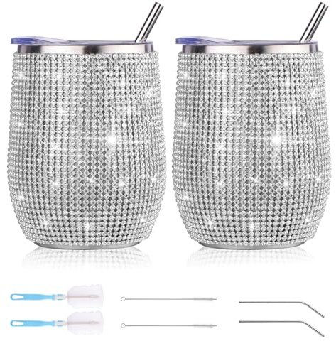 Bilivry Stainless Steel Wine Tumblers with Lid: 12oz Vacuum Insulated Studded Bling Diamond Tumbler with Double-Wall Design, 2 Packs Coffee Tumbler Bulk Drinking Cup for Hot & Cold Drink (Modern)