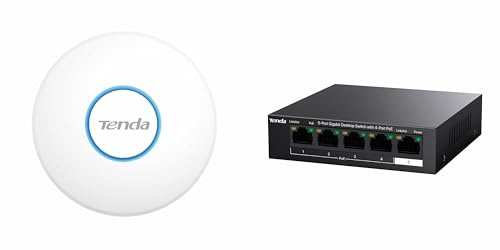 Tenda i27 AX3000 WiFi 6 Access Point (WPA3, Mehrere SSIDs, Lokale & Cloud-Verwaltung, 802.3at PoE+ Powered, inkl. Netzteil) mit 5-Port PoE+ Switch (58W, 802.3af/at, Lüfterlos, Metallgehäuse)