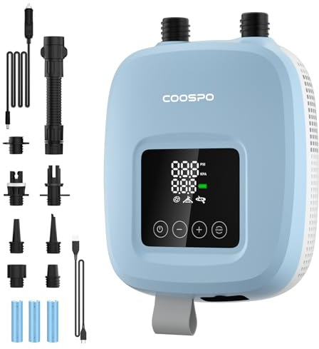 CooSpo Pompa elettrica verticale per SUP, gonfiaggio ad alta pressione a 20 psi, dotata di batteria ricaricabile da 59,2/44,4 Wh, silenziosa, adatta a kayak e altri articoli gonfiabili
