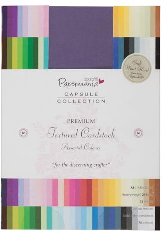 Papermania Premium Textured Cardstock, Multicoloured, A5, 75 Sheets, Coloured Card for Craft Projects and Scrapbook Supplies, Cardmaking, Art