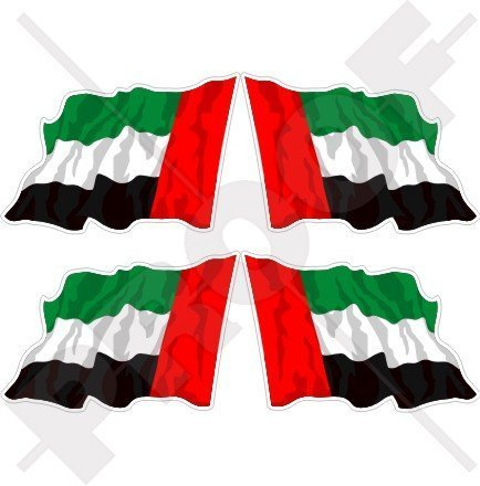 VEREINIGTE ARABISCHE EMIRATE Wehende Flagge, Fahne VAE Dubai, Abu Dhabi 50mm Auto & Motorrad Aufkleber, x4 Vinyl Stickers (Links - Rechts)