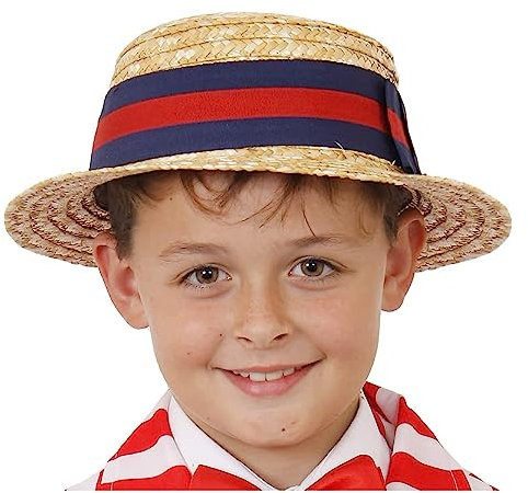 Child's Deluxe Straw Boater Hat - Straw Styled Hat With Blue and Red Striped Band - Perfect for Victorian Themed Fancy Dress