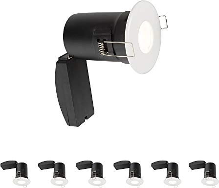 Fire Rated Downlights, Matt White Bathroom/Shower Ceiling Lights, GU10 Halogen or LED, Dimmable Recessed Spotlights IP65 Rated - Pack of 6