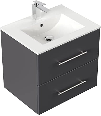 emotion | Waschbecken mit Unterschrank in Anthrazit Seidenglanz | Made in Germany | B62 x H57,4 x T47 cm | Waschtischunterschrank mit Zwei Schubladen | Keramik-Badmöbel für designvolle Badezimmer