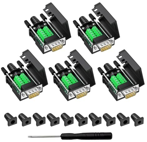 YIOVVOM DB9 Breakout-Stecker, 9-poliger RS232-Stecker, lötfreie D-SUB RS485 Serielle Adapter-Modulplatine mit Schraubklemmen, Gehäuse, lange Schrauben, 5 Stück Stecker-Adapter
