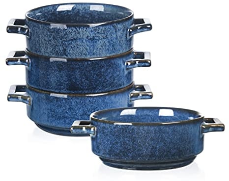vicrays Ceramic Soup Bowls with Handles, 24 Oz Porcelain Soup Crocks for French Onion Soup, Cereal, Beef Stew, Chill, Pasta, Pot Pies, Microwave and Oven Safe, Set of 4 (Blue)
