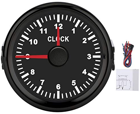 aqxreight - Clock Gauge, 2 Zoll 9-36V Rot LED Hintergrundbeleuchtung IP67 Staubdicht Wasserdicht für Auto Boot Yacht Motorrad[Schwarzes Zifferblatt Schwarzer Rahmen]