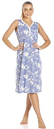 Camille Sleeveless Floral Nighties for Women - Below-the-Knee Ladies Nightie with Button-Front Fastening - Comfortable & Breathable Ladies Nightdress Blue 18-20