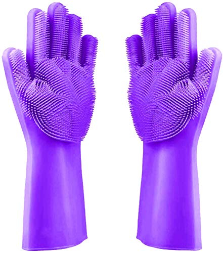 Premium Geschirrspül Waschhandschuhe mit Noppen Oberfläche & feinen Bürsten zum Reinigen der Küchenutensilien I Silikon Reinigungshandschuhe Ideal zum Geschirr spülen & Putzen im Haushalt (Lila)