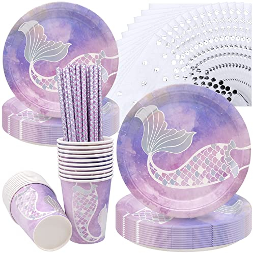 JLNGTHONG 85 Pièces Ensemble de Vaisselle de Fête Sirène Assiettes Papier Tasse Serviettes Table Pailles pour Anniversaires Fête Mariage Anniversaire Noël