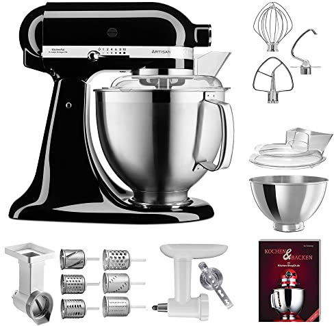 KitchenAid Küchenmaschine - P21 Profi Set Deluxe 185er (AM) - 5KSM185PSEOB inkl. Gemüseschneider (MVSA), Zusatztrommeln (EMVSC), Fleischwolf Ganzmetall (5KSMMGA) und Kochbuch (Kochen & Backen) …
