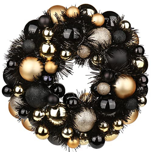Oairse Christmas Wreath for Front Door, 13 Small Christmas Bauble Wreath with 66 Shatterproof Baubles & Glitter Tinsel Front Door Wreaths Black Gold Xmas Ornament for Holiday Halloween Decorations
