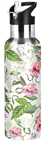 KAAVIYO Jolie Fleur De Lys Aquarelle Bouteille d'eau Isotherme avec Paille en Acier Inoxydable Gourde 600ML Water Bottle pour Sport Randonnée