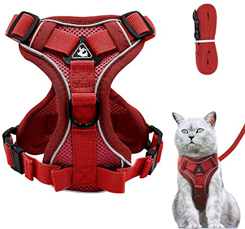 Cat Harness and Lead Set, Adjustable Kitten Harness and Lead Set with Reflective Strips Escape-Proof, Cat Vest Harness with Leash Sets for Cats Dogs Pets Walking (Red, S)
