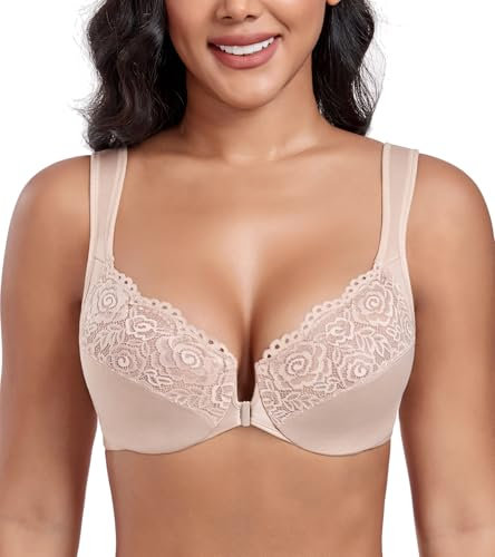 DotVol Women's Front Closure Wide Strap Underwire Bra Lace Plus Size U-Back Unlined Everyday Bra(Beige,44C)