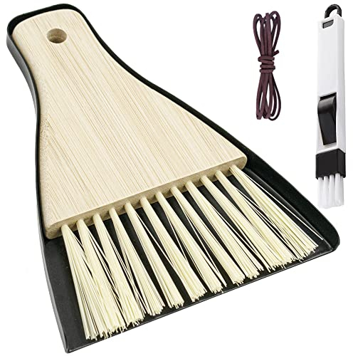 2Pcs Mini Dustpan and Brush Set, Heavy Duty, Small Metal Dustpan and Bamboo Handle Brush, Portable Table Top Cleaning Set for Keyboard, Dining Table, Kitchen, Office