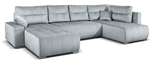 MargaretHadas24 Ecksofa U-Form Mediolan V mit Schlaffunktion und Bettkasten Wohnlandschaft Kissen, 358 cm Wohnzimmer Arbeitszimmer Sofa XXL (Paros 05 - hellgrau)