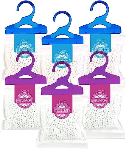 Desumidificador con gancho a base de cristales hidrófilos, 6*500ml Ariapura, con aromaterapia, dispositivo de eliminación de condensación, absorción de humedad, para cocina, armario, zapatero, baño.