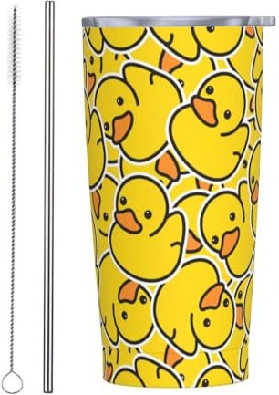 Perinsto Cute Rubber Ducky 20oz Travel Tumbler With Lid And Straw, Yellow Cartoon Ducks Stainless Steel Tumblers Insulated Coffee Cup Mug Gift For Men Women