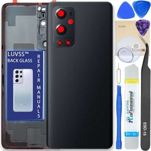 LUVSS Akkudeckel Kompatibel für OnePlus 9 Pro Rückseite Glas Deckel Backcover Ersatz Reparatur Set (Schwarz)
