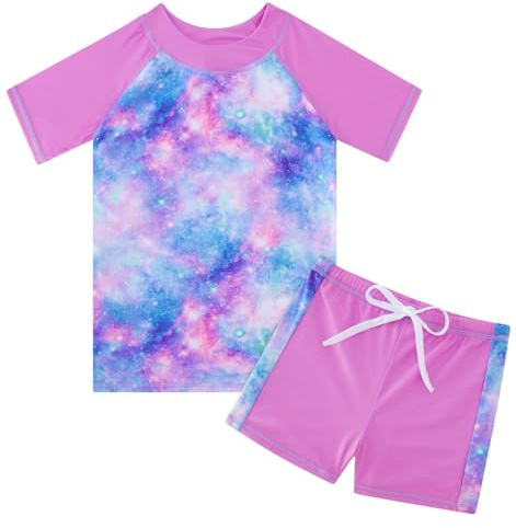 Fanient Girls Swimming Costume Kids Two Pieces Short Sleeve Swimsuit Cute Printed Swimming Suit UPF 50+ Protection Swimwear Sets 4-10 Years